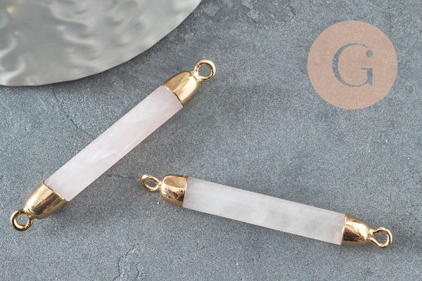 Pendentif connecteur tube quartz rose naturel fer doré 45mm,création bijoux pierre naturelle, x1 G3389