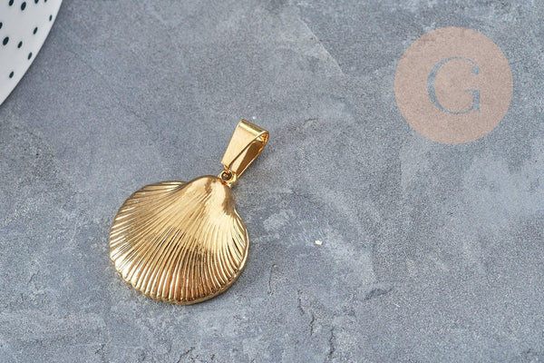 Pendentif coquillage acier 304 doré inoxydable 27mm, pendentif bijoux création sans nickel, x1 (G3280)
