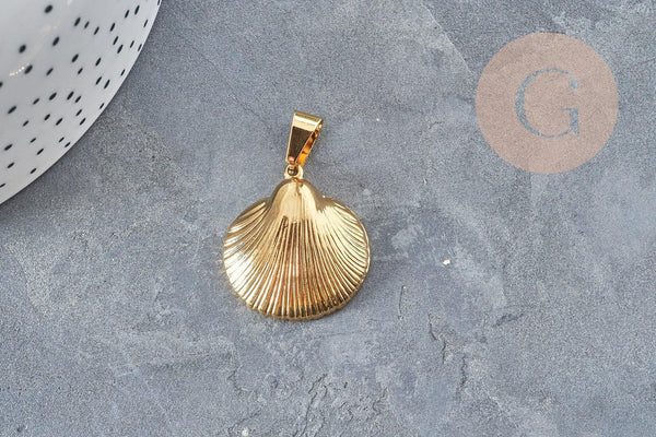 Pendentif coquillage acier 304 doré inoxydable 27mm, pendentif bijoux création sans nickel, x1 (G3280)