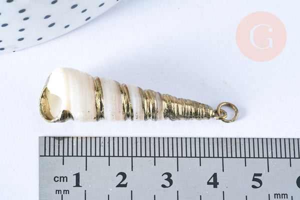 Pendentif coquillage blanc spirale doré 36-67mm, Pendentif coquillage pour création bijoux, x1 G7311