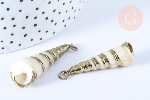 Pendentif coquillage blanc spirale doré 36-67mm, Pendentif coquillage pour création bijoux, x1 G7311