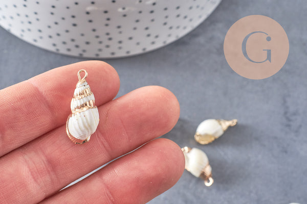 Pendentif coquillage blanc spirale fer doré 20mm, x2 (G0706)