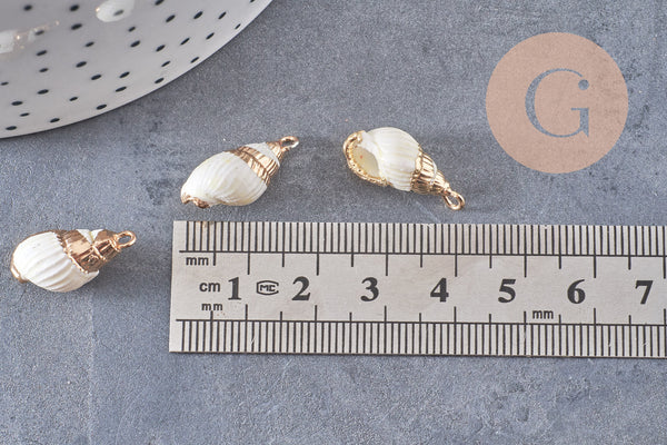 Pendentif coquillage blanc spirale fer doré 20mm, x2 (G0706)