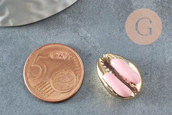 Pendentif coquillage cauri naturel doré resine rose 19mm,coquillage naturel pour création bijoux, x5 (G1230)