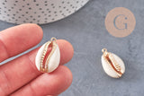 Pendentif coquillage cauri ouvert naturel doré, coquillage Conch bijou naturel, 23mm, x1 , G2296