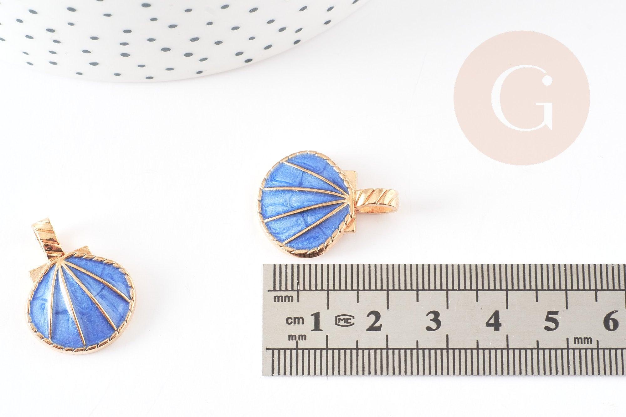 Pendentif coquillage doré bleu 24.5mm, pendentif coquillage pour création bijoux x 2 (G5793)