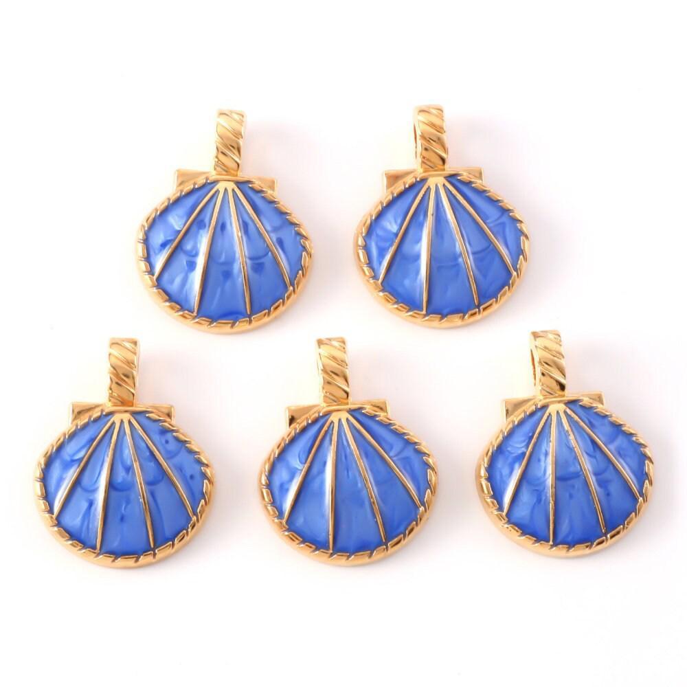 Pendentif coquillage doré bleu 24.5mm, pendentif coquillage pour création bijoux x 2 (G5793)