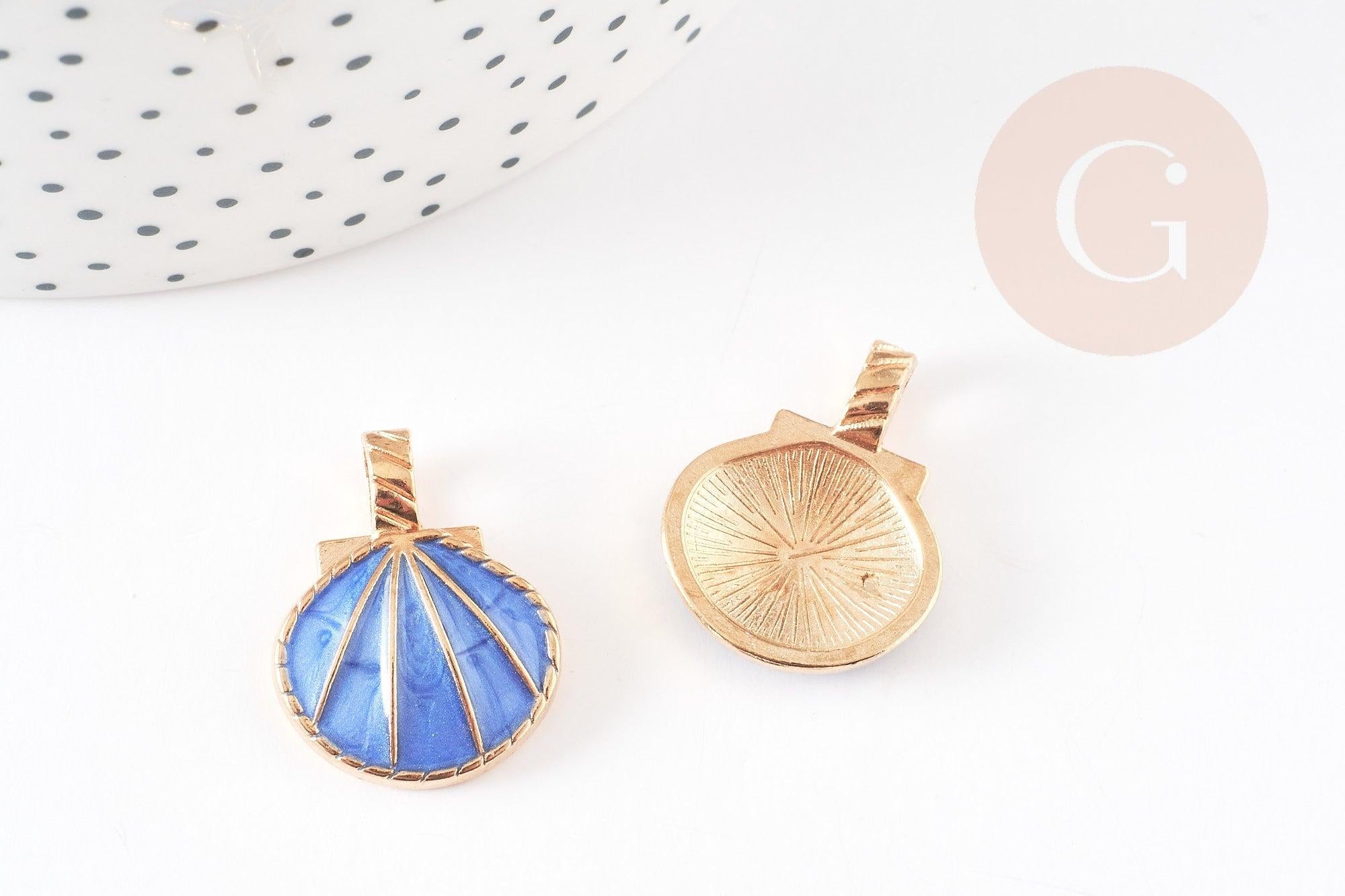 Pendentif coquillage doré bleu 24.5mm, pendentif coquillage pour création bijoux x 2 (G5793)