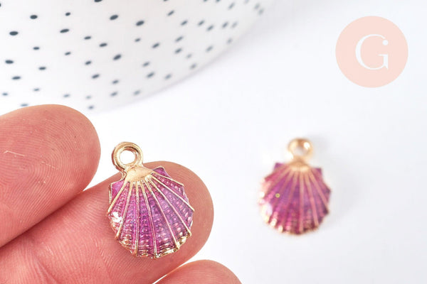 Pendentif coquillage émail violet zamac doré 19mm, x2 G7100