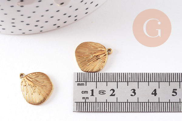 Pendentif coquillage feuille acier 304 doré inoxydable 18mm, x1 VALIDE