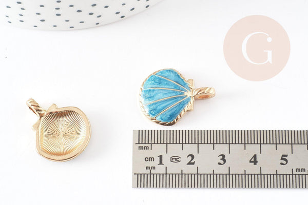 Pendentif coquillage zamac doré bleu ciel 24.5mm, pendentif coquillage pour création bijoux, x2 G3417