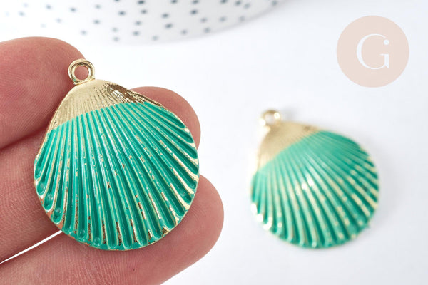 Pendentif coquillage zamac doré bleu turquoise 35,5mm, thème plage vacances, x1 G7438