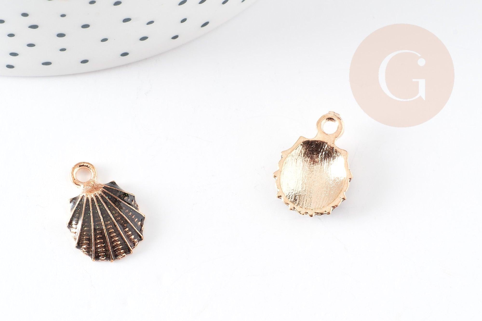 Pendentif coquillage zamac doré émail noir 19mm, pendentif création bijoux DIY x2 G1958