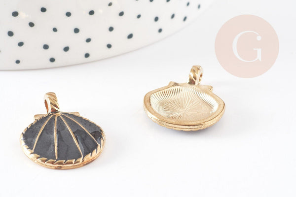 Pendentif coquillage zamac doré noir 24.5mm, pendentif coquillage pour création bijoux x2 G2737
