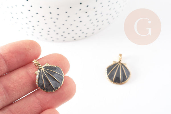 Pendentif coquillage zamac doré noir 24.5mm, pendentif coquillage pour création bijoux x2 G2737