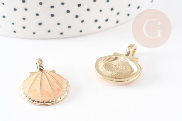 Pendentif coquillage zamac doré rose saumon 24.5mm, x2 (G1792)