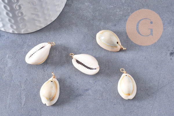 Pendentif coquillages cauri naturel beige fil doré torsadé 18K 24-32mm, x2 (G10319)