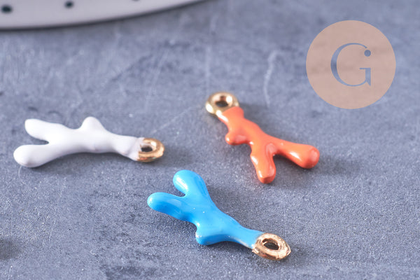Pendentif corail émaillé orange, bleu ou blanc zamac doré 20mm x2 (G10638)