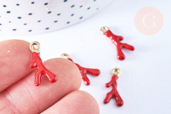 Pendentif corail émaillé rouge zamac doré 20mm x2 (G7512)