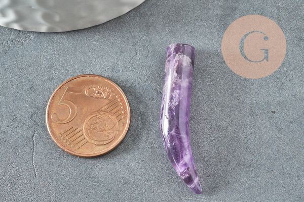 Pendentif corne améthyste,creation bijou, Pendentif bijoux,pendentif pierre, amethyste naturelle, pierre non percee,38mm, x1 (G1298)
