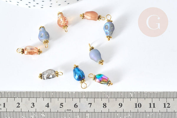 Pendentif crâne squelette or en verre multicolore zamac et laiton doré 16~17,5mm, perle en verre création bijoux, x1 (G9090)