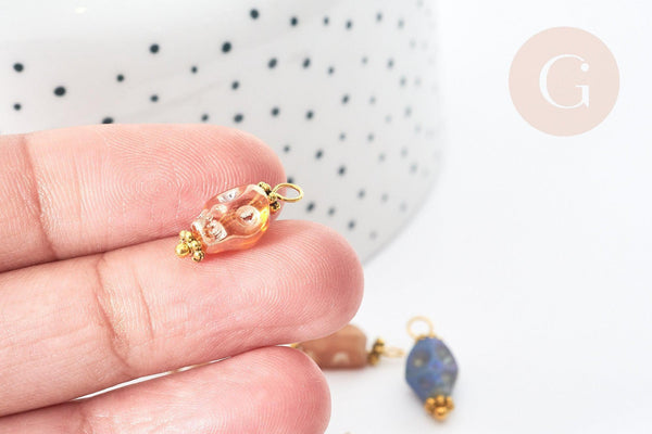 Pendentif crâne squelette or en verre multicolore zamac et laiton doré 16~17,5mm, perle en verre création bijoux, x1 (G9090)