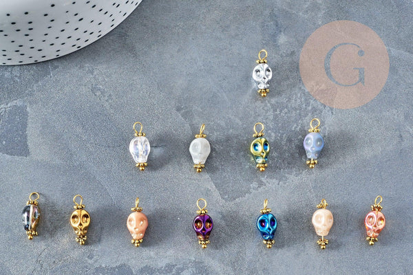 Pendentif crâne squelette or en verre multicolore zamac et laiton doré 16~17,5mm, perle en verre création bijoux, x1 (G9090)