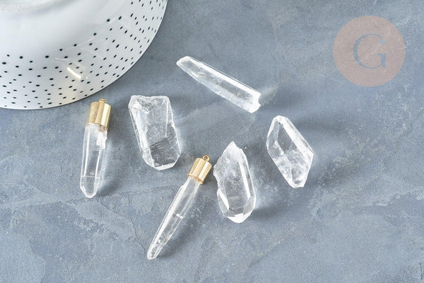 Pendentif cristal de roche naturel transparent laiton doré 16K, pierre brute, x1 (G8232)