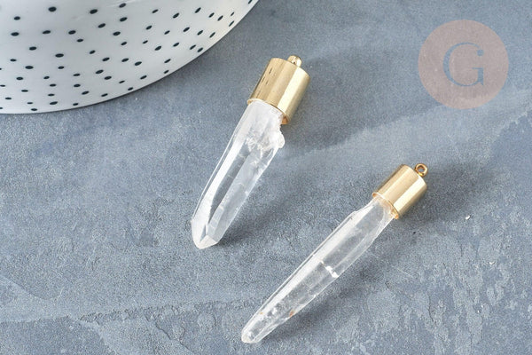 Pendentif cristal de roche naturel transparent laiton doré 16K, pierre brute, x1 (G8232)