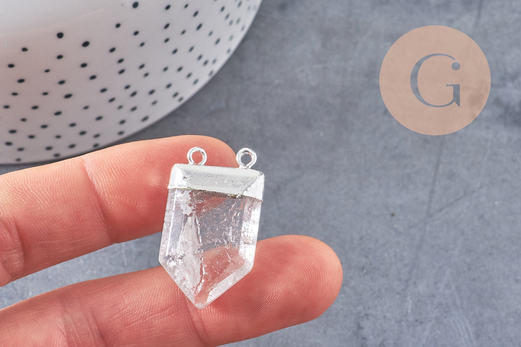 Pendentif cristal hexagone argenté,pendentif bijoux,pendentif pierre,quartz transparent ,28mm x1 (G3278)