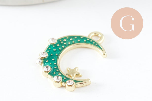 Pendentif croissant de lune étoiles cristal émaillé bleu turquoise zamac or 20mm, pendentif or émaillé, sans nickel, x1 (G5918)