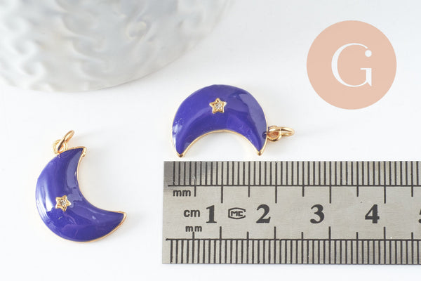 Pendentif croissant lune étoiles émail laiton bleu or 18K zircon 21mm, pendentif laiton émaillé, sans nickel, x1 (G5955)