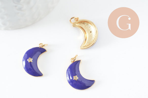 Pendentif croissant lune étoiles émail laiton bleu or 18K zircon 21mm, pendentif laiton émaillé, sans nickel, x1 (G5955)
