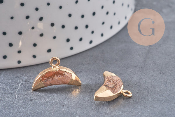 Pendentif croissant lune jaspe paysage doré, pendentif bijoux,lune jaspe, jaspe naturel,18mm x1 (G1209)