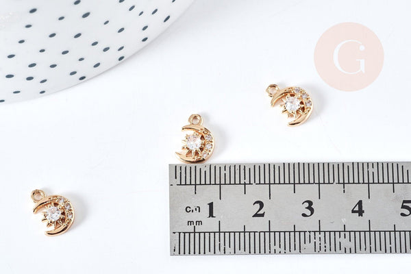 Pendentif croissant lune laiton doré 18k étoile zircon 10.5mm , pendentif pour creation bijoux x1 (G8580)