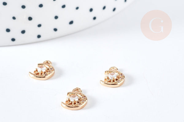 Pendentif croissant lune laiton doré 18k étoile zircon 10.5mm , pendentif pour creation bijoux x1 (G8580)