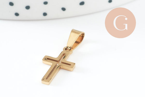 Pendentif croix acier 304 doré inoxydable IP 18mm, x1 G9861
