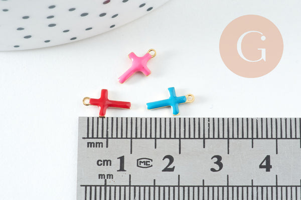 Pendentif croix acier 304 inoxydable doré émail multicolore 10mm, x10 (G10747)