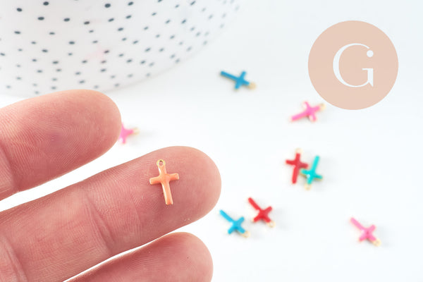 Pendentif croix acier 304 inoxydable doré émail multicolore 10mm, x10 (G10747)