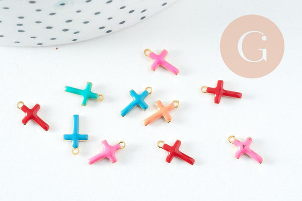 Pendentif croix acier 304 inoxydable doré émail multicolore 10mm, x10 (G10747)