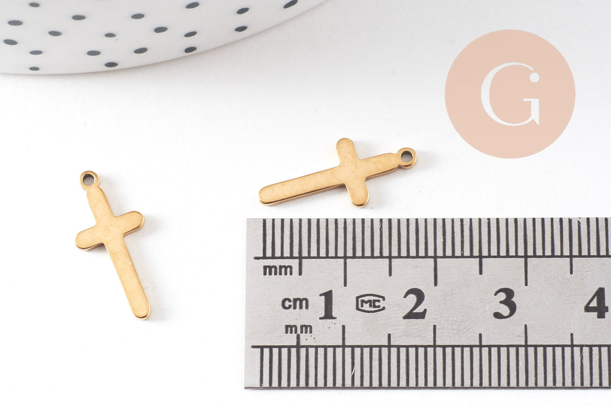 Pendentif croix acier doré inoxydable 19mm, un bijou en acier hypoallergénique sans libération de nickel, x5 (G6060)
