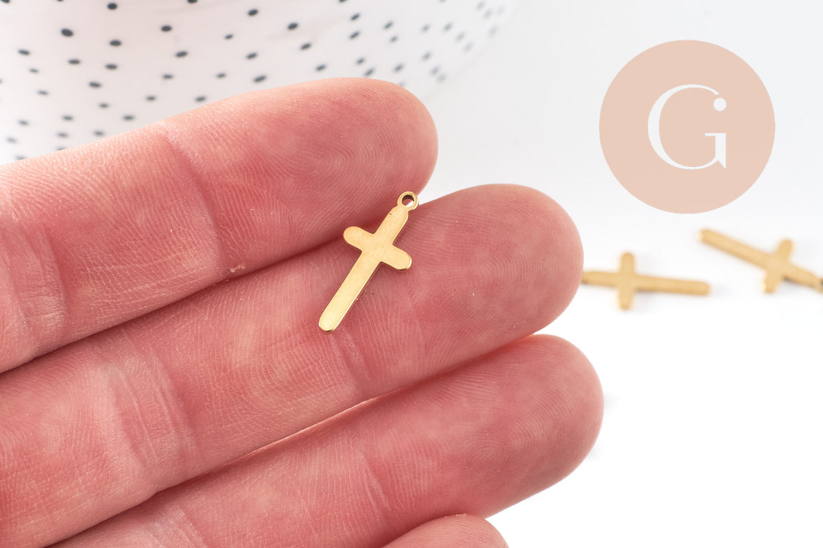 Pendentif croix acier doré inoxydable 19mm, un bijou en acier hypoallergénique sans libération de nickel, x5 (G6060)
