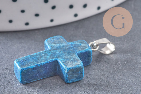 Pendentif croix agate naturelle bleu acier inoxydable 29mm,pendentif pierre, support argent, création bijoux,agate naturelle, x1 (G0500)