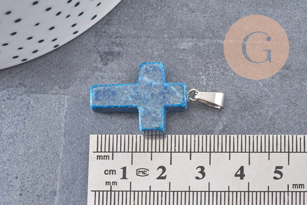 Pendentif croix agate naturelle bleu acier inoxydable 29mm,pendentif pierre, support argent, création bijoux,agate naturelle, x1 (G0500)