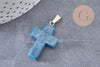 Pendentif croix agate naturelle bleu acier inoxydable 29mm,pendentif pierre, support argent, création bijoux,agate naturelle, x1 (G0500)
