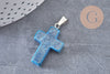 Pendentif croix agate naturelle bleu acier inoxydable 29mm,pendentif pierre, support argent, création bijoux,agate naturelle, x1 (G0500)
