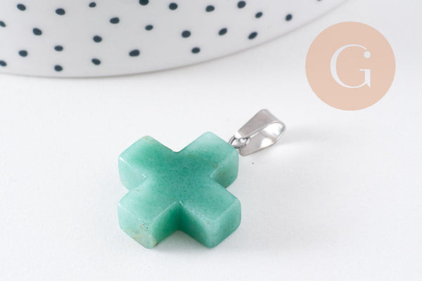 Pendentif croix aventurine verte naturelle acier inoxydable platine 24mm, x1 (G10070)