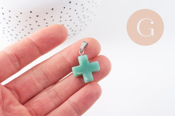 Pendentif croix aventurine verte naturelle acier inoxydable platine 24mm, x1 (G10070)