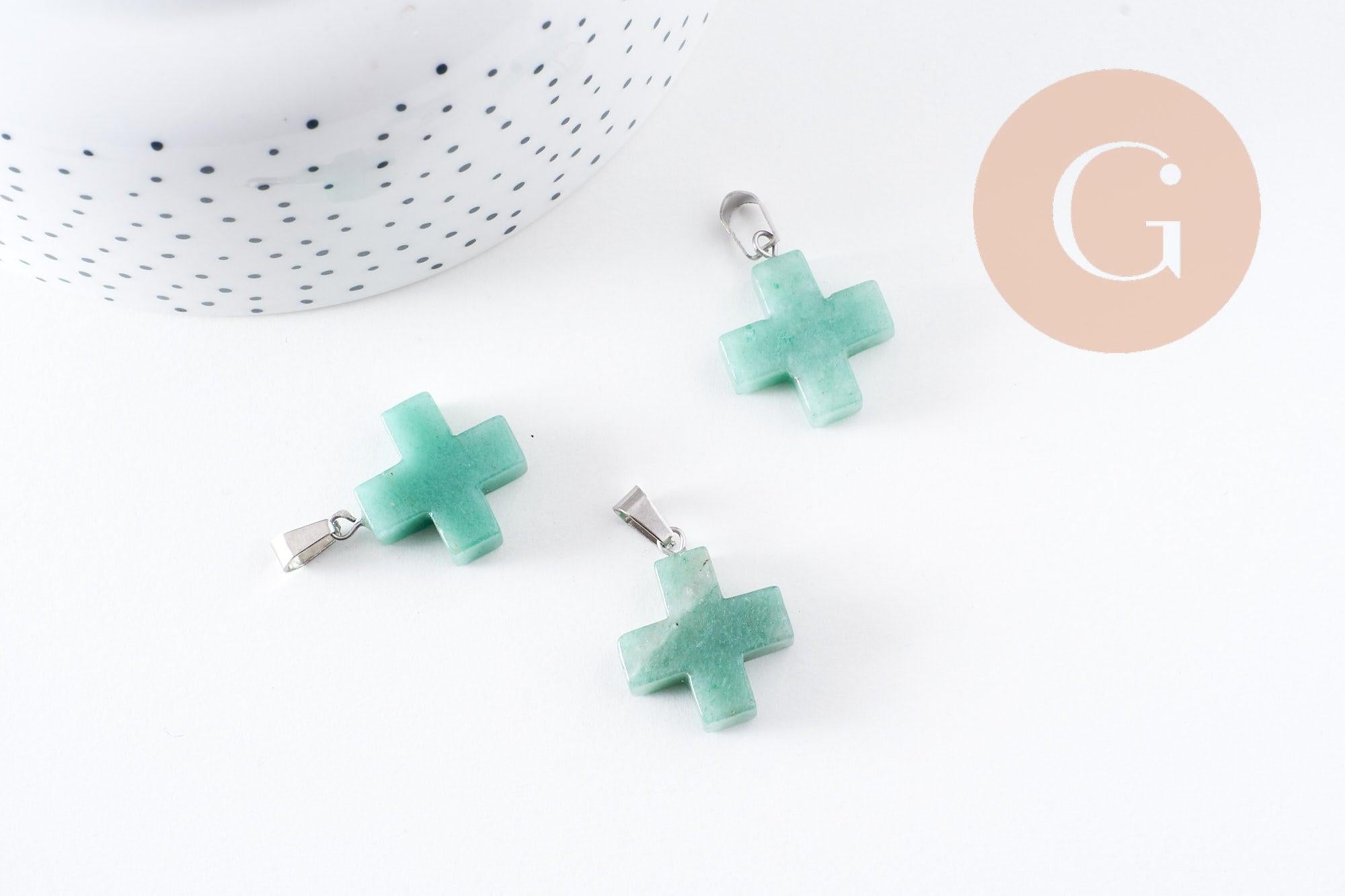 Pendentif croix aventurine verte naturelle acier inoxydable platine 24mm, x1 (G10070)