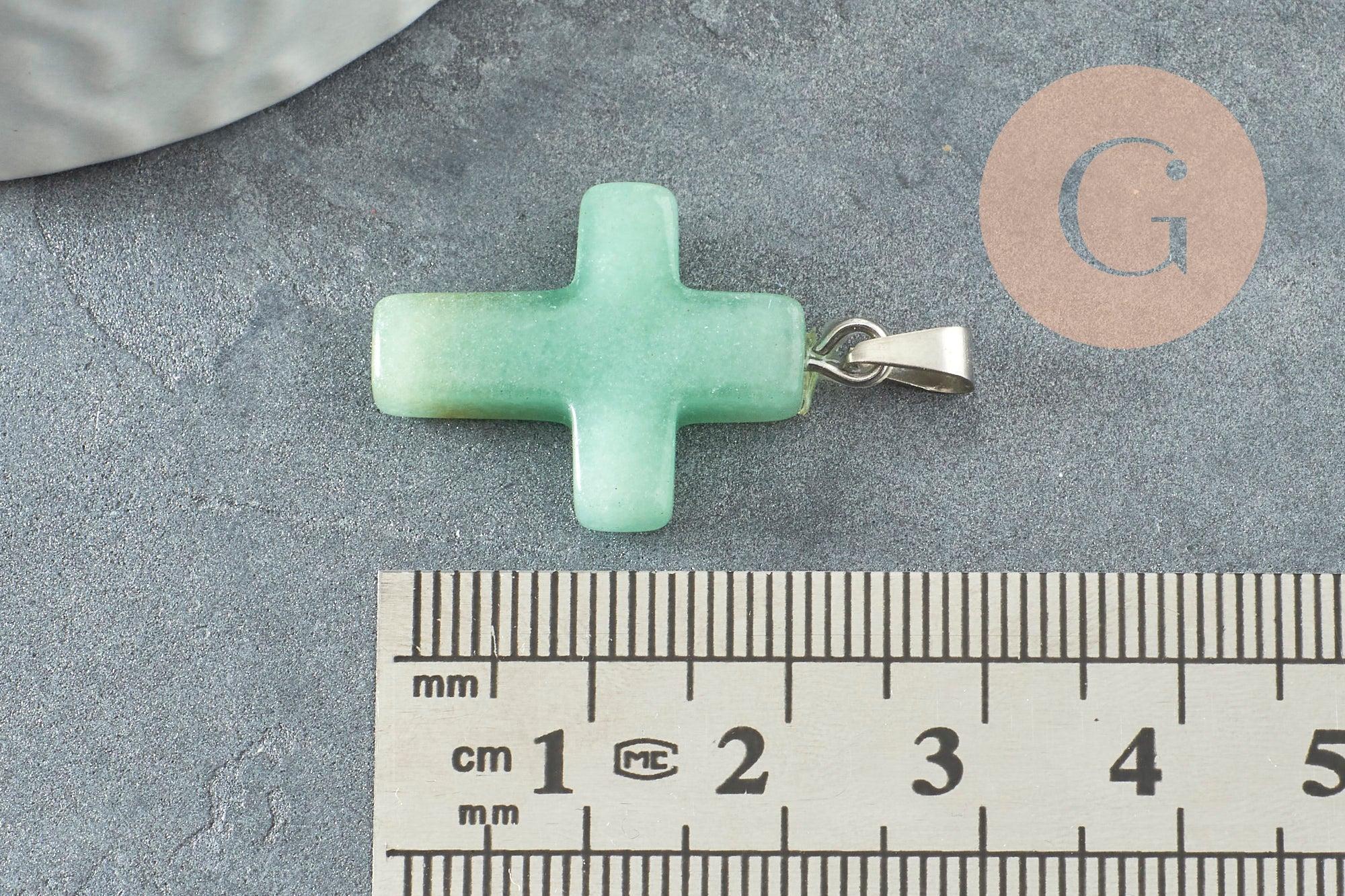 Pendentif croix aventurine verte naturelle laiton platine 15mm, x1 (G1977)